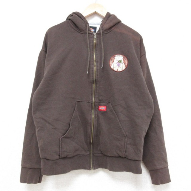 L★古着 ディッキーズ Dickies 長袖 フルジップ スウェット パーカー メンズ プロポーションの法則 茶 ブラウン 内側サーマル 25feb13 中古 スエット トレーナー トップス