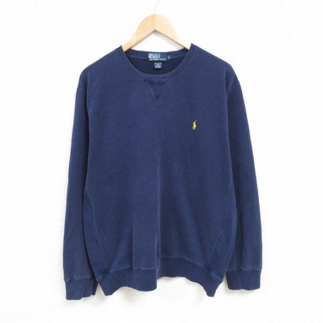 XL★古着 ラルフローレン Ralph Lauren 長袖 ブランド スウェット メンズ 90年代 90s ワンポイントロゴ クルーネック 紺 ネイビー 25feb14 中古 スエット トレーナー トップス