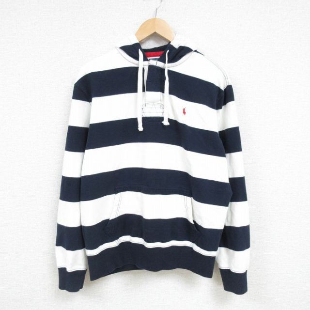 L★古着 ラルフローレン Ralph Lauren 長袖 ブランド スウェット パーカー メンズ 90年代 90s ワンポイントロゴ 白他 ホワイト ボーダー フード内側サーマル 25feb14 中古 スエット トレーナー トップス