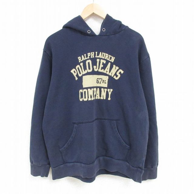 XL★古着 ラルフローレン Ralph Lauren ポロジーンズ 長袖 ブランド スウェット パーカー メンズ ビッグロゴ 大きいサイズ 紺 ネイビー 25feb14 中古 スエット トレーナー トップス