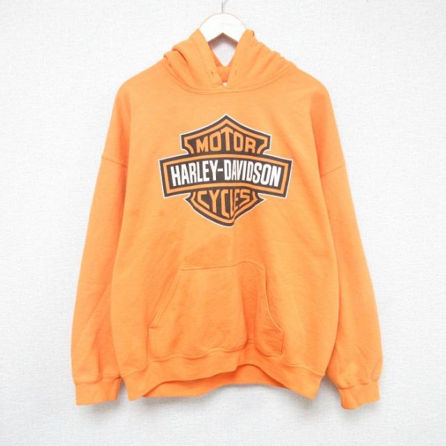 XL★古着 ハーレーダビッドソン Harley Davidson 長袖 スウェット パーカー メンズ 00年代 00s ビッグロゴ 大きいサイズ オレンジ 【spe】 25feb14 中古 スエット トレーナー トップス