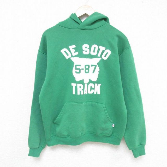 L★古着 ラッセル 長袖 スウェット パーカー メンズ 80年代 80s TRACK USA製 緑 グリーン 25feb14 中古 スエット トレーナー トップス
