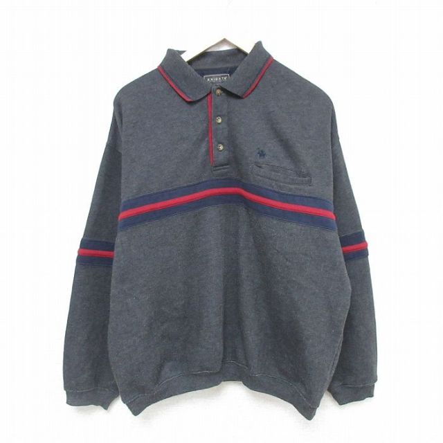 XL★古着 長袖 スウェット メンズ ワンポイント 胸ポケット付き 襟付き 濃グレー 25feb14 中古 スエット トレーナー トップス