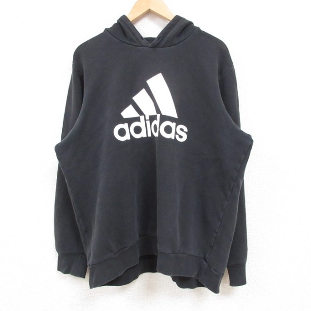 【50%OFF】XL★古着 アディダス adidas 長袖 スウェット パーカー メンズ ビッグロゴ 黒 ブラック 25feb15 中古 スエット トレーナー トップス