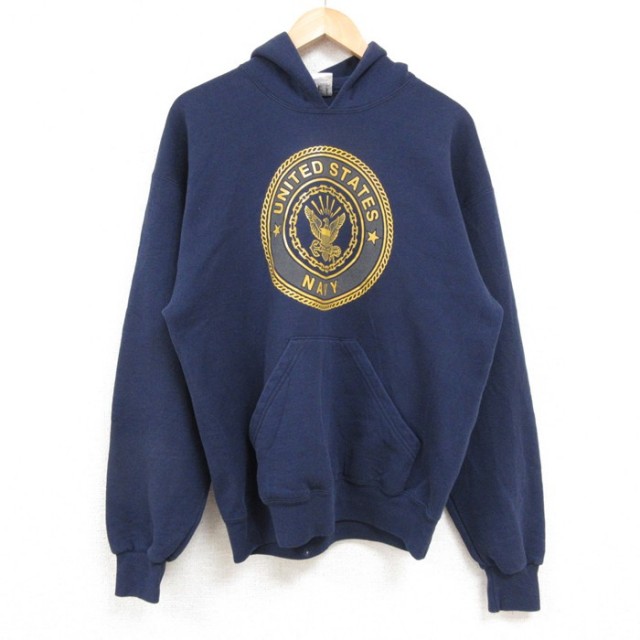 M★古着 長袖 スウェット パーカー メンズ 90年代 90s ミリタリー ネイビー NAVY リフレクター USA製 紺 25feb15 中古 スエット トレーナー トップス