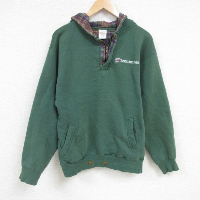 L★古着 長袖 ハーフジップ スウェット パーカー メンズ 90年代 90s ユナイテッド航空 緑 グリーン 25feb17 中古 スエット トレーナー トップス