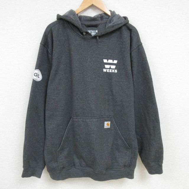 XL★古着 カーハート Carhartt 長袖 スウェット パーカー メンズ WEEKS 大きいサイズ 濃グレー 霜降り 25feb17 中古 スエット トレーナー トップス