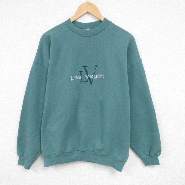 XL★古着 TULTEX 長袖 スウェット メンズ 90年代 90s ラスベガス 刺繍 クルーネック 緑 グリーン 25feb17 中古 スエット トレーナー トップス