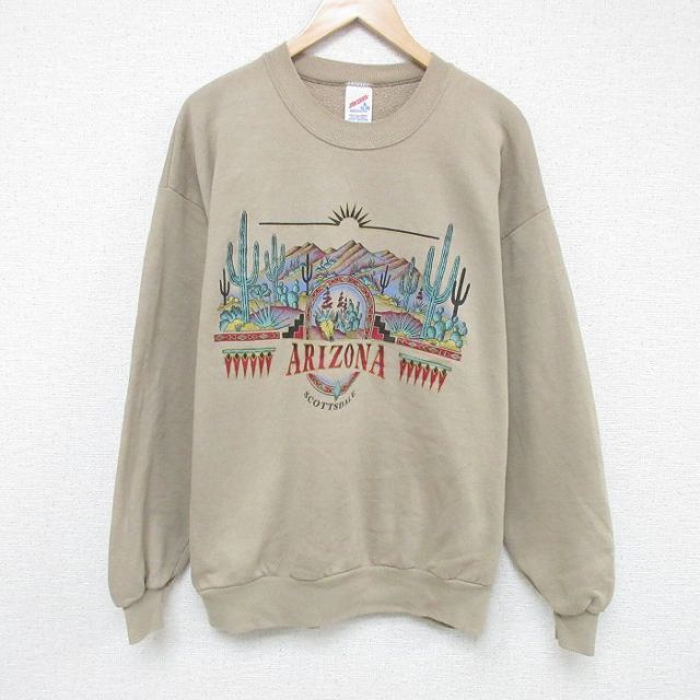 XL★古着 ジャージーズ 長袖 スウェット メンズ 90年代 90s アリゾナ サボテン クルーネック USA製 ベージュ カーキ 25feb17 中古 スエット トレーナー トップス