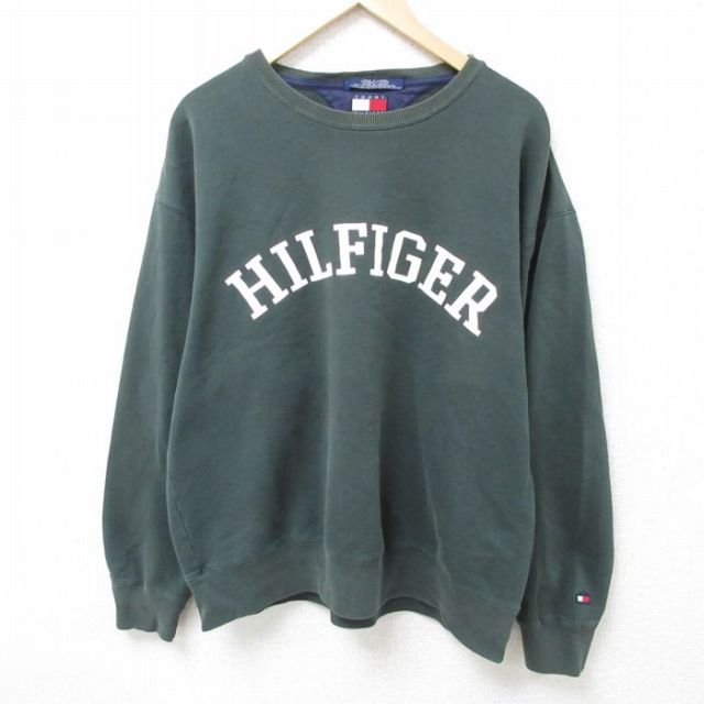 XL★古着 トミーヒルフィガー TOMMY HILFIGER 長袖 ブランド スウェット メンズ 90年代 90s ビッグロゴ 大きいサイズ クルーネック 濃緑 グリーン 25feb18 中古 スエット トレーナー トップス