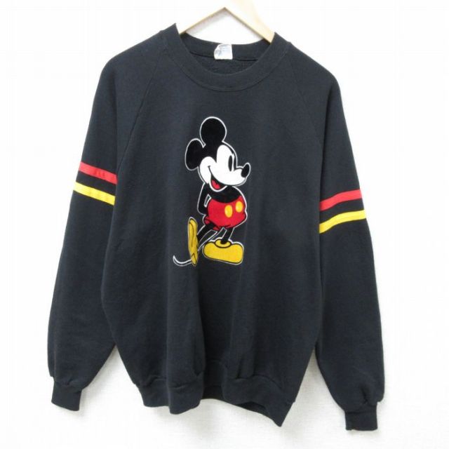 XL★古着 長袖 スウェット メンズ 80年代 80s ディズニー DISNEY ミッキー MICKEY MOUSE フロッキープリント ラグラン クルーネック USA製 黒 ブラック 【spe】 25feb18 中古 スエット トレーナー トップス