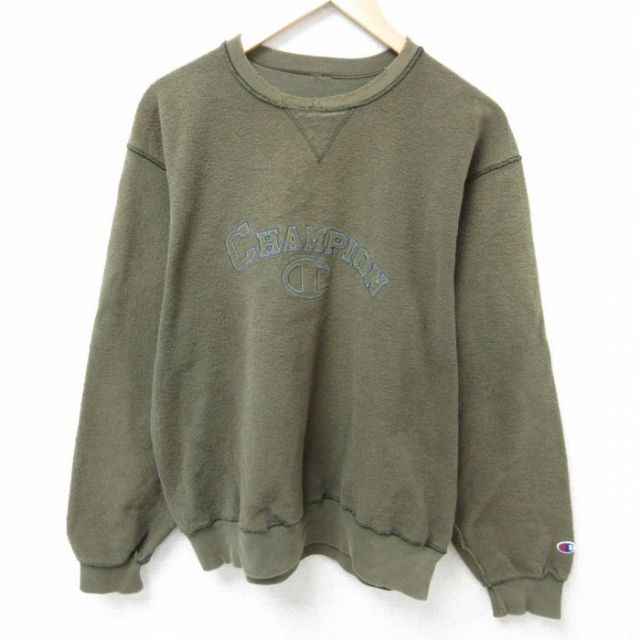 L★古着 チャンピオン Champion 長袖 スウェット メンズ 00年代 00s ビッグロゴ 刺繍 表起毛 クルーネック 濃緑 グリーン 25feb18 中古 スエット トレーナー トップス
