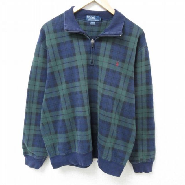 XL★古着 ラルフローレン Ralph Lauren 長袖 ブランド ハーフジップ スウェット メンズ 90年代 90s ワンポイントロゴ 大きいサイズ 襟付き 紺他 ネイビー チェック 【spe】 25feb18 中古 スエット トレーナー トップス