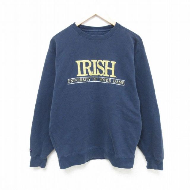 M★古着 ジャンスポーツ 長袖 スウェット メンズ 00年代 00s ノートルダム 大学 アイリッシュ 刺繍 クルーネック 紺 ネイビー 25feb18 中古 スエット トレーナー トップス