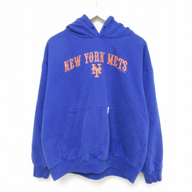 XL★古着 長袖 スウェット パーカー メンズ 00年代 00s MLB ニューヨークメッツ 大きいサイズ 青 ブルー メジャーリーグ ベースボール 野球 25feb18 中古 スエット トレーナー トップス