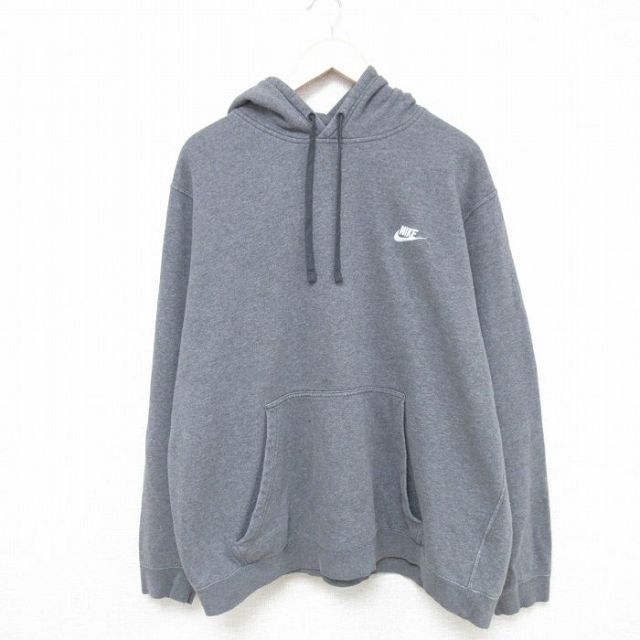 XL★古着 ナイキ NIKE 長袖 スウェット パーカー メンズ ワンポイントロゴ 大きいサイズ グレー 25feb18 中古 スエット トレーナー トップス