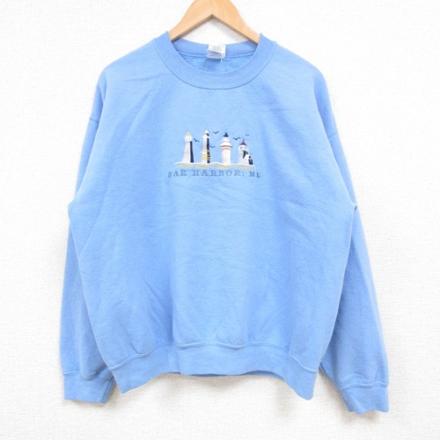 L★古着 長袖 スウェット メンズ 00年代 00s 灯台 刺繍 クルーネック 水色 25feb19 中古 スエット トレーナー トップス