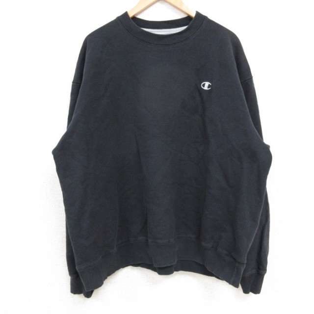 XL★古着 チャンピオン Champion 長袖 スウェット メンズ ワンポイントロゴ 大きいサイズ クルーネック 黒 ブラック 25feb19 中古 スエット トレーナー トップス