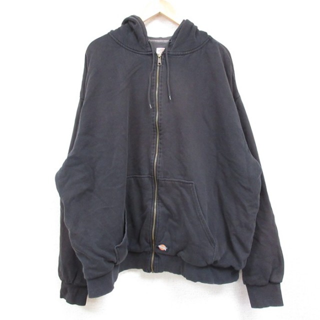 XL★古着 ディッキーズ Dickies 長袖 フルジップ スウェット パーカー メンズ 無地 大きいサイズ 黒 ブラック 内側サーマル 【spe】 25feb19 中古 スエット トレーナー トップス
