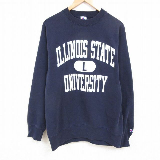 L★古着 チャンピオン Champion 長袖 スウェット メンズ 90年代 90s イリノイ 大学 クルーネック USA製 紺 ネイビー 【spe】 25feb19 中古 スエット トレーナー トップス