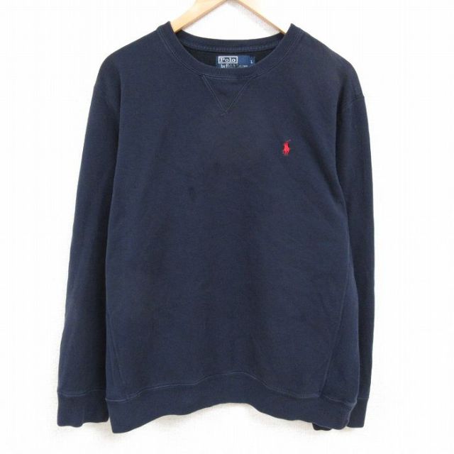 XL★古着 ラルフローレン Ralph Lauren 長袖 ブランド スウェット メンズ 90年代 90s ワンポイントロゴ 大きいサイズ クルーネック 濃紺 ネイビー 25feb19 中古 スエット トレーナー トップス