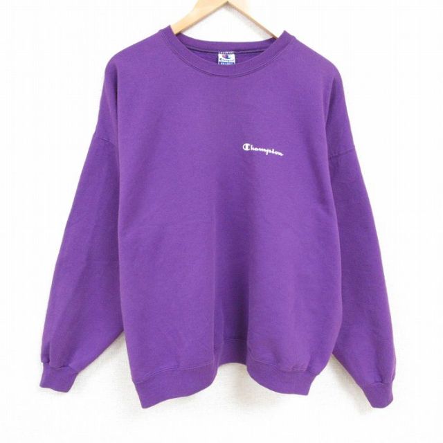 XL★古着 チャンピオン Champion 長袖 スウェット メンズ 00年代 00s ワンポイントロゴ 大きいサイズ クルーネック 紫 パープル 25feb19 中古 スエット トレーナー トップス