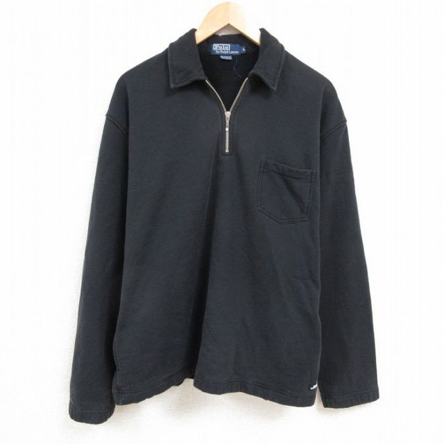 XL★古着 ラルフローレン Ralph Lauren 長袖 ブランド ハーフジップ スウェット メンズ 90年代 90s 無地 大きいサイズ 襟付き コットン 黒 ブラック 25feb19 中古 スエット トレーナー トップス