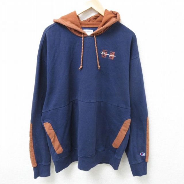 XL★古着 チャンピオン Champion 長袖 スウェット パーカー メンズ ワンポイントロゴ ツートンカラー 大きいサイズ クルーネック 紺他 ネイビー 25feb19 中古 スエット トレーナー トップス