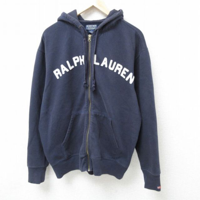 XL★古着 ラルフローレン Ralph Lauren ポロジーンズ 長袖 ブランド フルジップ スウェット パーカー メンズ 00年代 00s ビッグロゴ 刺繍 大きいサイズ 紺 ネイビー 【spe】 25feb19 中古 スエット トレーナー トップス