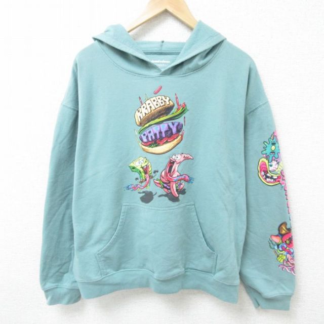 XL★古着 長袖 スウェット パーカー メンズ アニメ ニコロデオン スポンジボブ パトリック 緑 グリーン 25feb19 中古 スエット トレーナー トップス