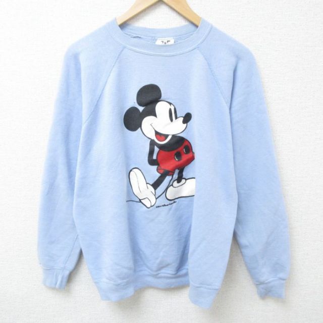 L★古着 長袖 スウェット メンズ 80年代 80s ディズニー DISNEY ミッキー MICKEY MOUSE ラグラン クルーネック USA製 水色 【spe】 25feb19 中古 スエット トレーナー トップス