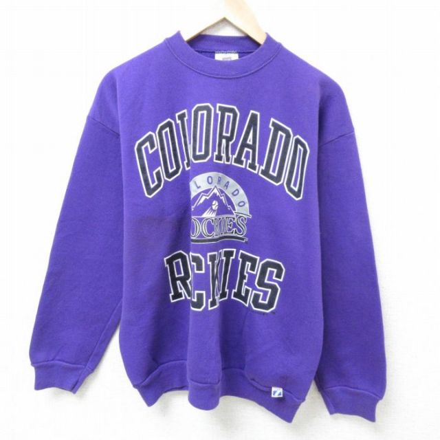 L★古着 長袖 スウェット メンズ 90年代 90s MLB コロラドロッキーズ クルーネック USA製 紫 パープル メジャーリーグ ベースボール 野球 25feb19 中古 スエット トレーナー トップス