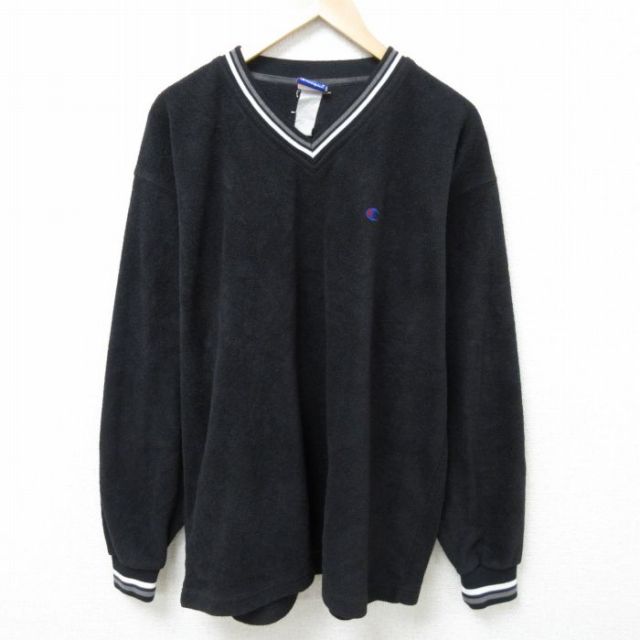 XL★古着 チャンピオン Champion 長袖 トップス メンズ ワンポイントロゴ パイル地 Vネック 黒 ブラック 25feb19 中古 スエット トレーナー