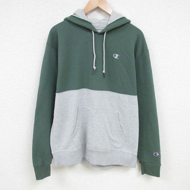 L★古着 チャンピオン Champion 長袖 スウェット パーカー メンズ ワンポイントロゴ ツートンカラー 薄緑 グリーン 25feb20 中古 スエット トレーナー トップス