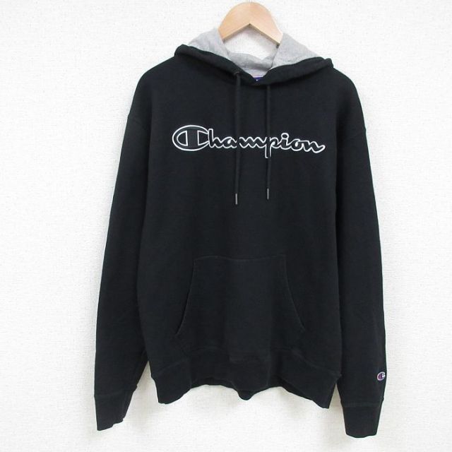 【50%OFF】L★古着 チャンピオン Champion 長袖 スウェット パーカー メンズ ビッグロゴ 刺繍 黒 ブラック 25feb20 中古 スエット トレーナー トップス