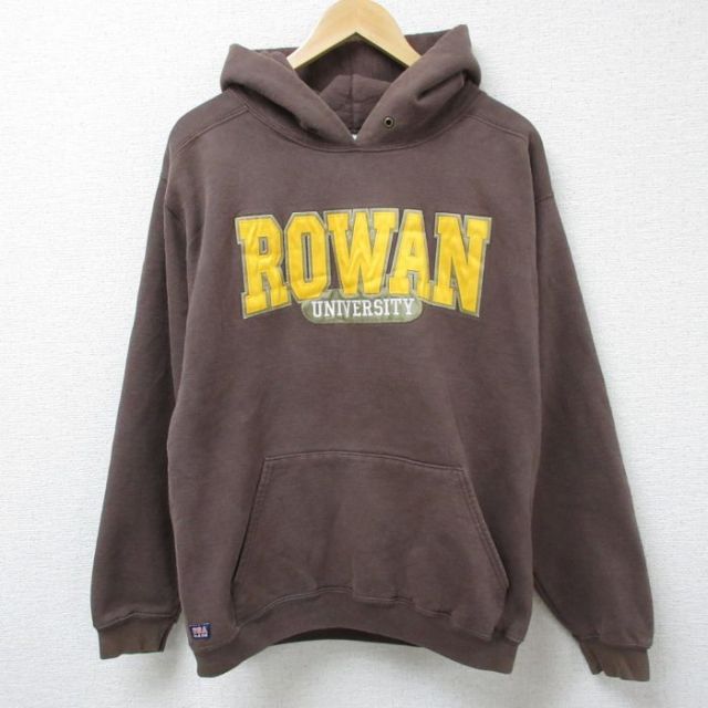 M★古着 長袖 スウェット パーカー メンズ 90年代 90s ローワン 大学 刺繍 USA製 茶 ブラウン 25feb26 中古 スエット トレーナー トップス