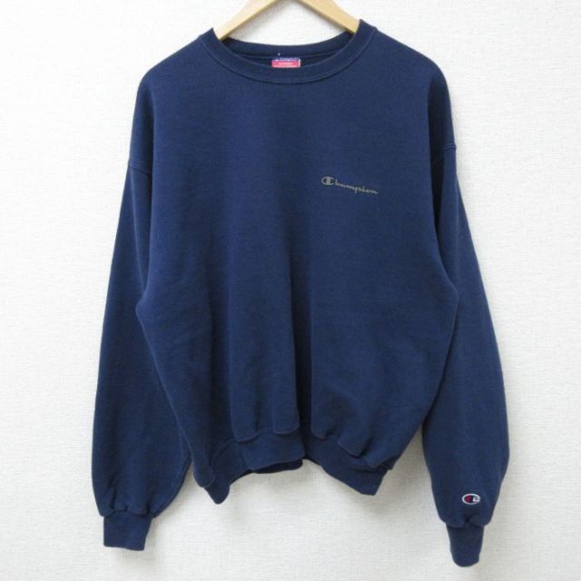 L★古着 チャンピオン Champion 長袖 スウェット メンズ 00年代 00s ワンポイントロゴ クルーネック 紺 ネイビー 25feb26 中古 スエット トレーナー トップス