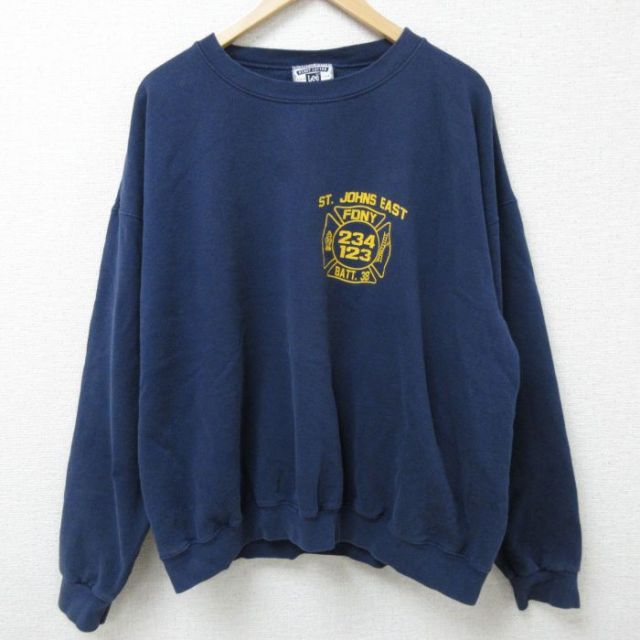 XL★古着 リー Lee 長袖 スウェット メンズ 90年代 90s FDNY 消防署 大きいサイズ クルーネック USA製 紺 ネイビー 25feb26 中古 スエット トレーナー トップス