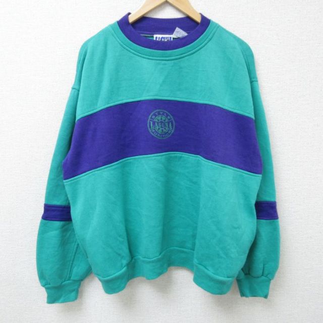 XL★古着 長袖 スウェット メンズ 90年代 90s LAGUNA ツートンカラー 刺繍 大きいサイズ ポリエステル クルーネック 青緑他 25feb26 中古 スエット トレーナー トップス