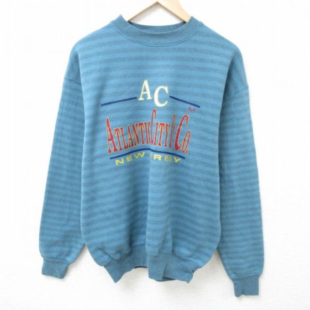【50%OFF】L★古着 長袖 スウェット メンズ 90年代 90s ニュージャージー クルーネック USA製 青 ブルー ボーダー 25feb20 中古 スエット トレーナー トップス