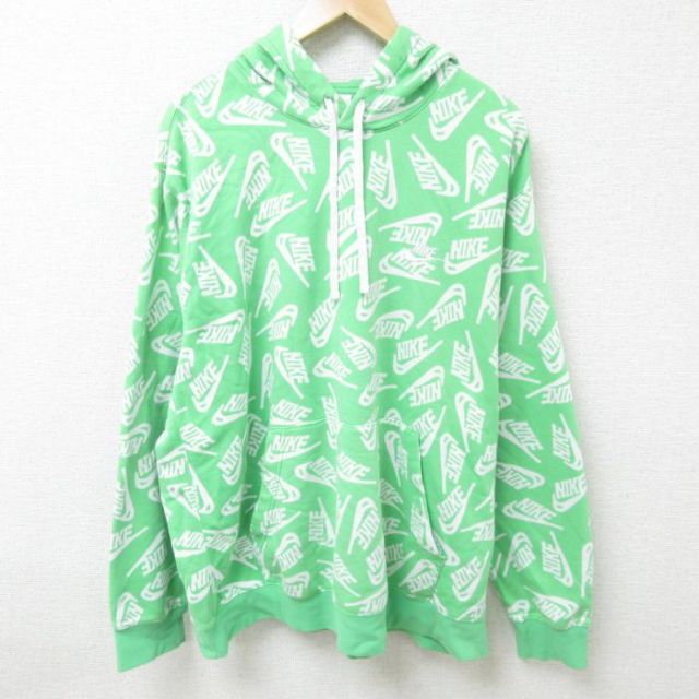 XL★古着 ナイキ NIKE 長袖 スウェット パーカー メンズ 総柄 大きいサイズ クルーネック 緑 グリーン 25feb20 中古 スエット トレーナー トップス