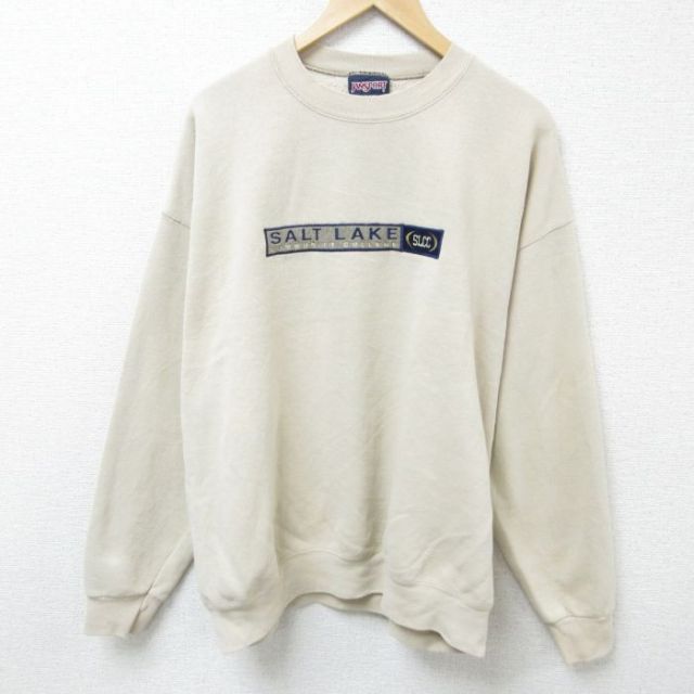 XL★古着 ジャンスポーツ 長袖 スウェット メンズ 90年代 90s ソルトレイク コミュニティ カレッジ 刺繍 大きいサイズ クルーネック USA製 ベージュ カーキ 25feb20 中古 スエット トレーナー トップス