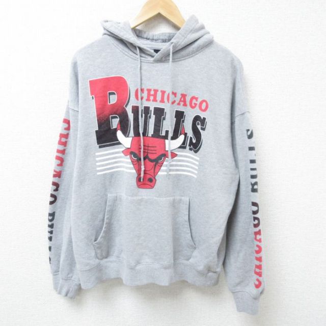 XL★古着 長袖 スウェット パーカー メンズ NBA シカゴブルズ グレー 霜降り バスケットボール 25feb20 中古 スエット トレーナー トップス