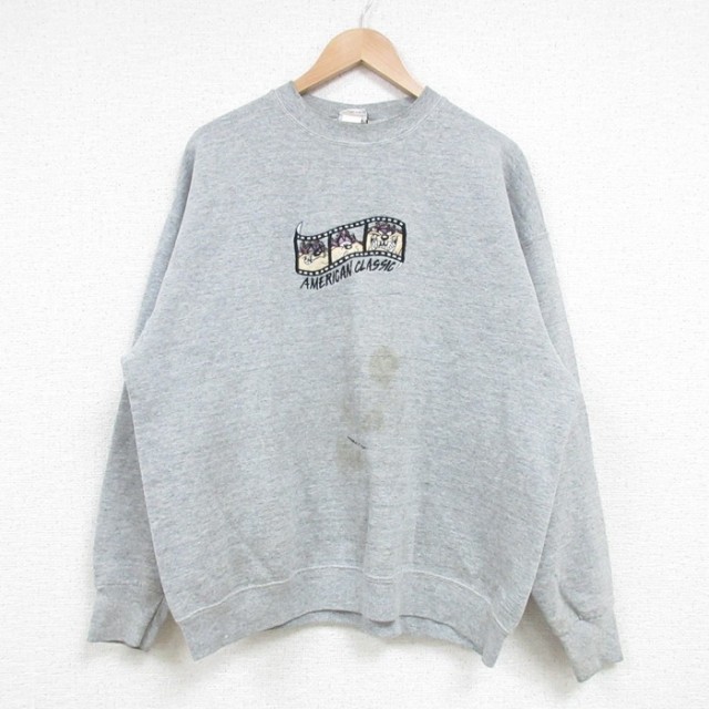 【50%OFF】L★古着 長袖 スウェット メンズ 90年代 90s ルーニーテューンズ LOONEY TUNES タズ クルーネック USA製 グレー 霜降り 25feb20 中古 スエット トレーナー トップス
