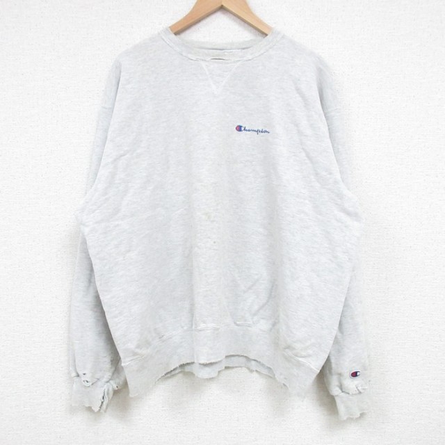 XL★古着 チャンピオン Champion 長袖 スウェット メンズ 90年代 90s ワンポイントロゴ ボロ 大きいサイズ クルーネック 薄グレー 霜降り 25feb20 中古 スエット トレーナー トップス