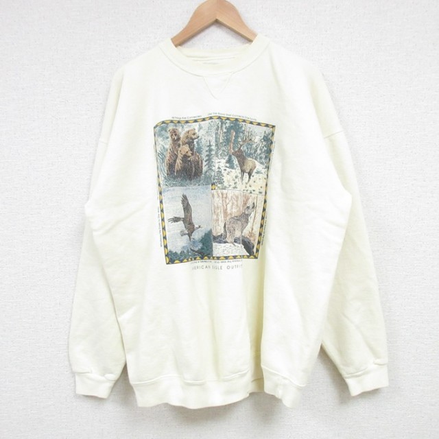 XL★古着 アメリカンイーグル American Eagle 長袖 スウェット メンズ 90年代 90s 動物 大きいサイズ クルーネック USA製 薄黄 イエロー 【spe】 25feb20 中古 スエット トレーナー トップス
