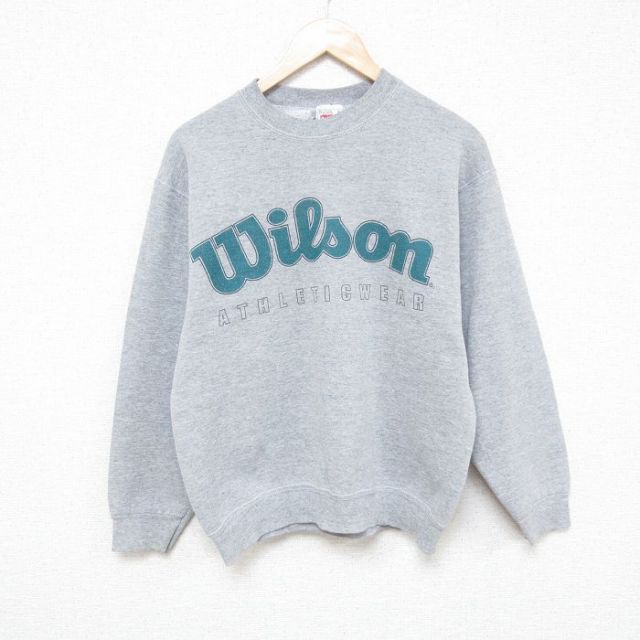 M★古着 ウィルソン 長袖 スウェット メンズ 90年代 90s ビッグロゴ クルーネック USA製 グレー 霜降り 25feb21 中古 スエット トレーナー トップス