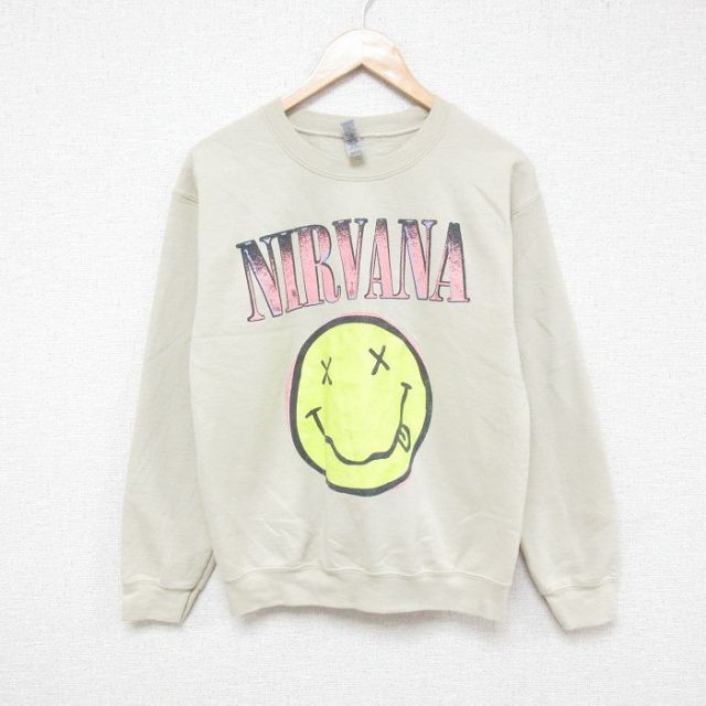 【20%OFF】S★古着 長袖 ロック バンド スウェット メンズ ニルバーナ ニルヴァーナ クルーネック ベージュ カーキ 25feb21 中古 スエット トレーナー トップス