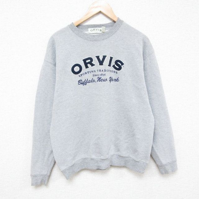 L★古着 オービス ORVIS 長袖 スウェット メンズ 00年代 00s ビッグロゴ 刺繍 クルーネック グレー 霜降り 25feb21 中古 スエット トレーナー トップス