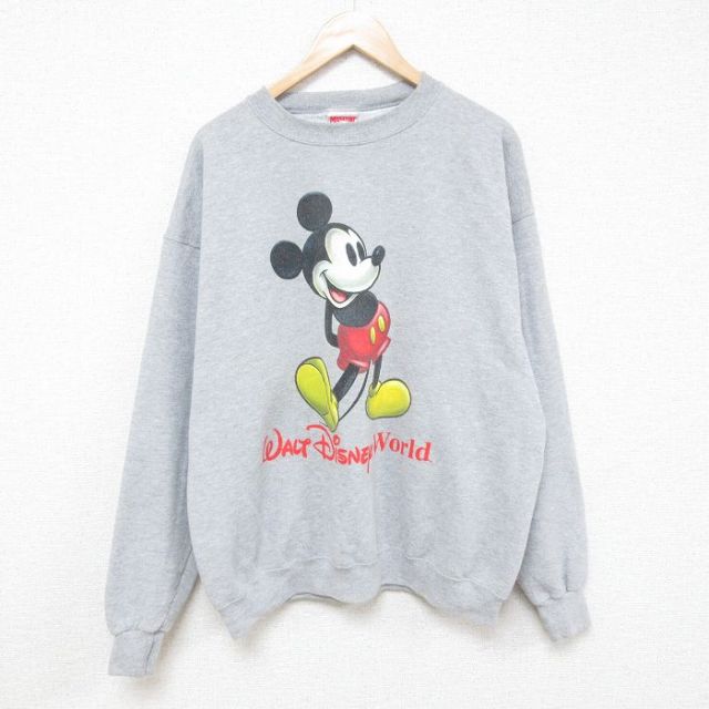 XL★古着 長袖 スウェット メンズ 90年代 90s ディズニー DISNEY ミッキー MICKEY MOUSE クルーネック グレー 霜降り 【spe】 25feb21 中古 スエット トレーナー トップス